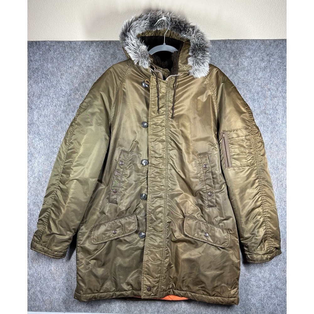 Vintage Sears The Mens Store Parka Jacket Fur Hood Orange Lined Size 46 USA